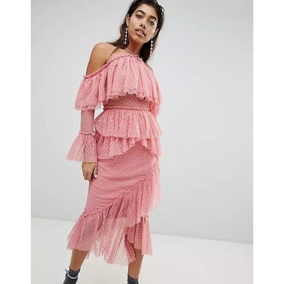 ASOS‎ Dobby Mesh Midi Dress With Asymmetric Ruffles 6 - Picture 2 of 10